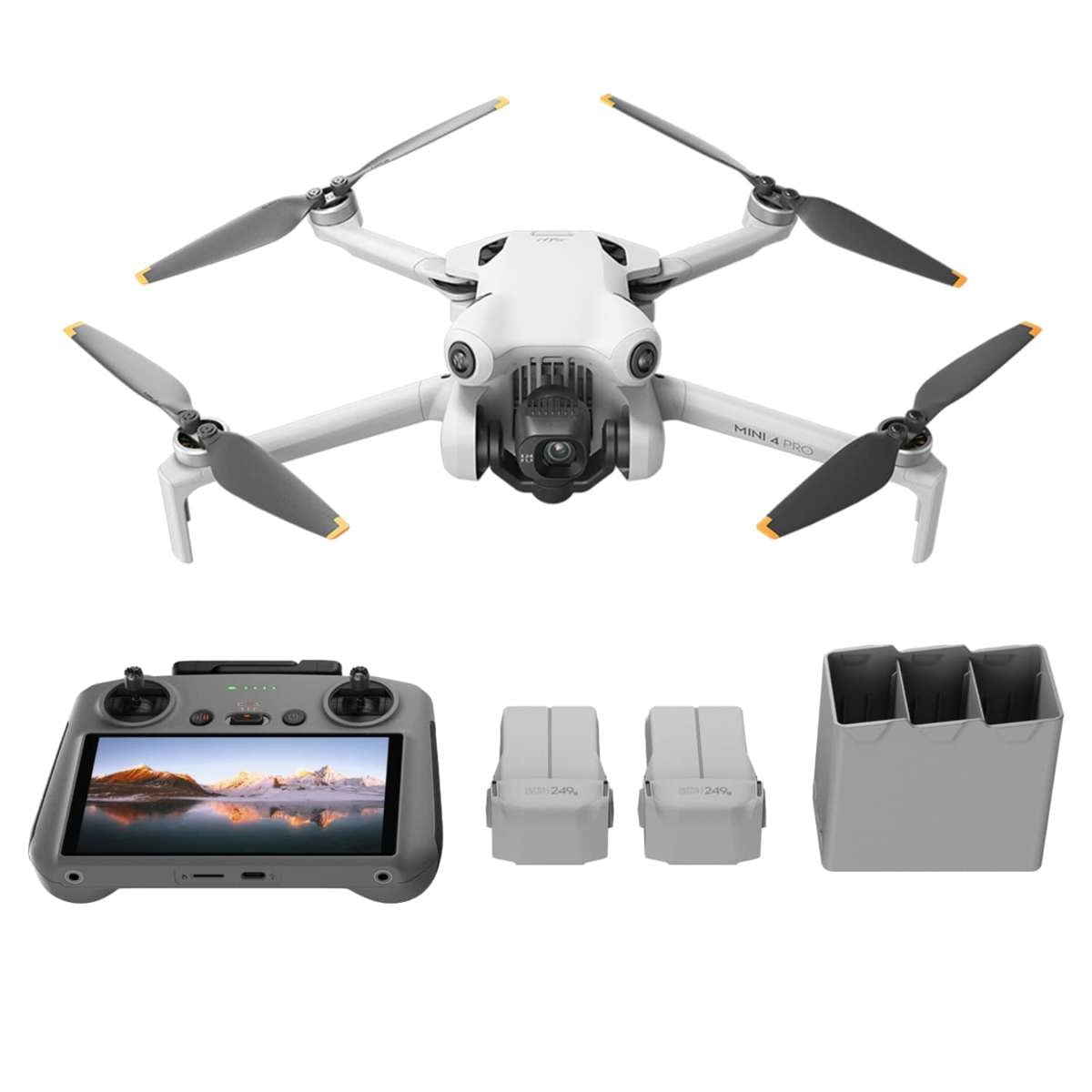 DJI Mini 4 Pro Drone Fly More Combo, Bundle with Strobe Anti-Collision Light, Portable Telescoping Stool/Chair, Joysticks, UV Filter, Lanyard Neck Strap, Cleaning Kit and Case