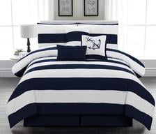 Microfiber Nautical Comforter set Navy Blue and White Striped 5pc Twin Size 