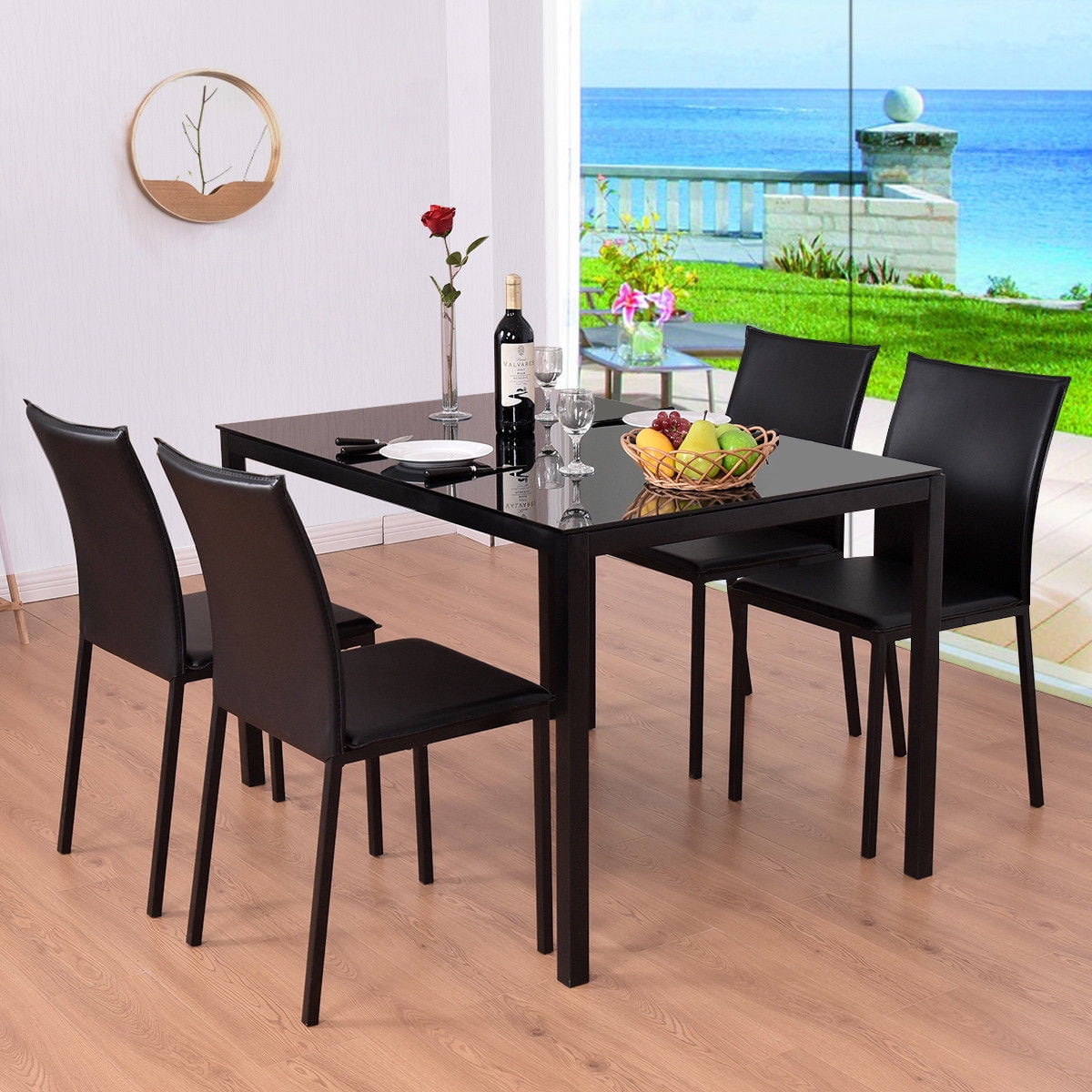Costway 5 Piece Dining Set Glass Top Table And 4 Pu Chairs Kitchen Breakfast Furniture