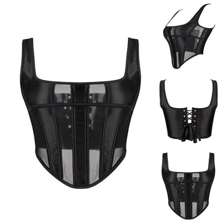 BiZtdJrK Women s Sexy Sheer Mesh Bustier Back Lace Up Boned Overbust Corset Bustiers Y2K Tank Crop Tops Party Clubwear Lightning Sales Today Black L