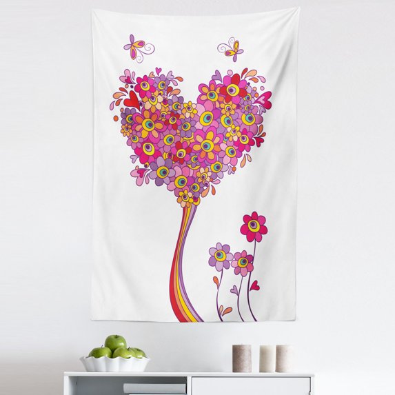 Hippie Tree Tapestry, Colorful Peace Shape of Heart with Flowers Abstract Blooming Illustration, Fabric Wall Hanging Decor for Bedroom Living Room Dorm, 5 Sizes, Multicolor, by Ambesonne