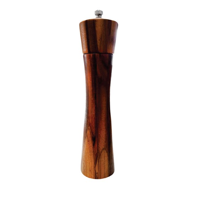 JS Gourmet Manual Salt or Pepper Mill in Dark Acacia Wood, featuring a sleek, ergonomic design with a rich wood grain finish. This durable mill offers adjustable grinding levels for fine to coarse seasoning, making it a versatile addition to any kitchen or dining table.