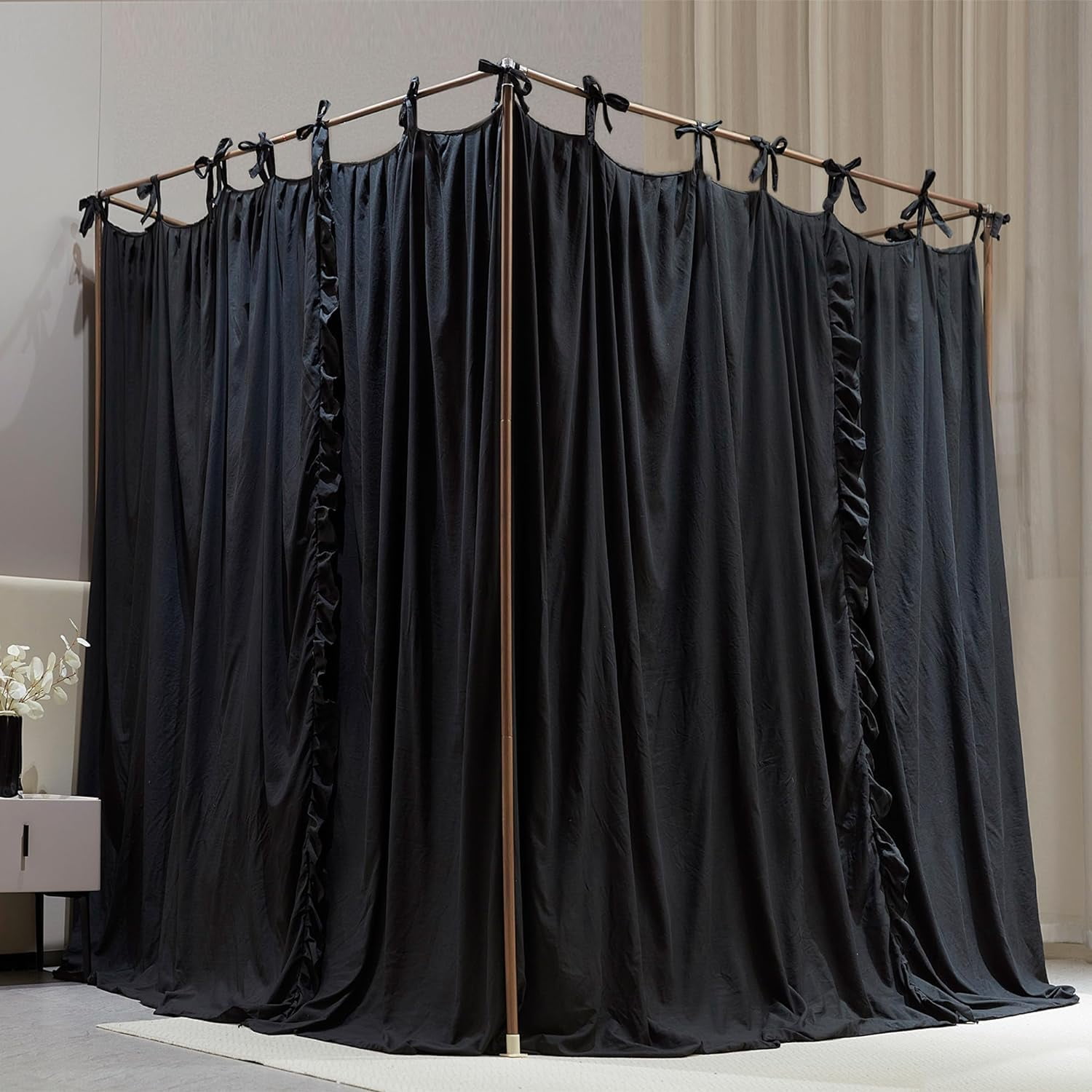 4 Corners Post Princess Curtain Bed Canopy Double Layer Cozy Mosquito Net Mesh and Cloth for Adults Bedroom Decoration (Double-Black/Black, 64" W*82" L*82"*H/(Queen))