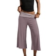 thumbnail image 2 of Fold Over Gaucho Pants for Women Flowy Wide Leg Yoga Capri Elastic Low Rise Striped Cropped Palazzo Culottes Wine L, 2 of 6