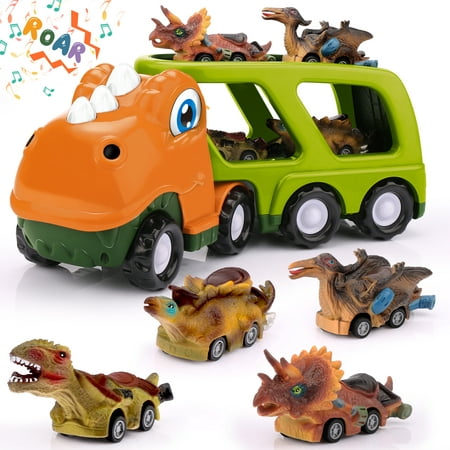 Boy Toys Cars 3-5, Dinosaur Truck with 4 Pull Back Dinosaur Cars, Dinosaur Toys for 1 2 3 4 5 Year Old Boys with Flashing Lights, Music and Roaring Sound