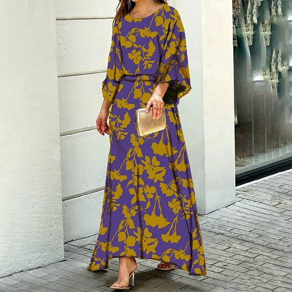 Kiplyki Women's Fall Trends Shirts Plus Size Casual Printed Long Sleeve Round Neck Tops Long Dress Sets