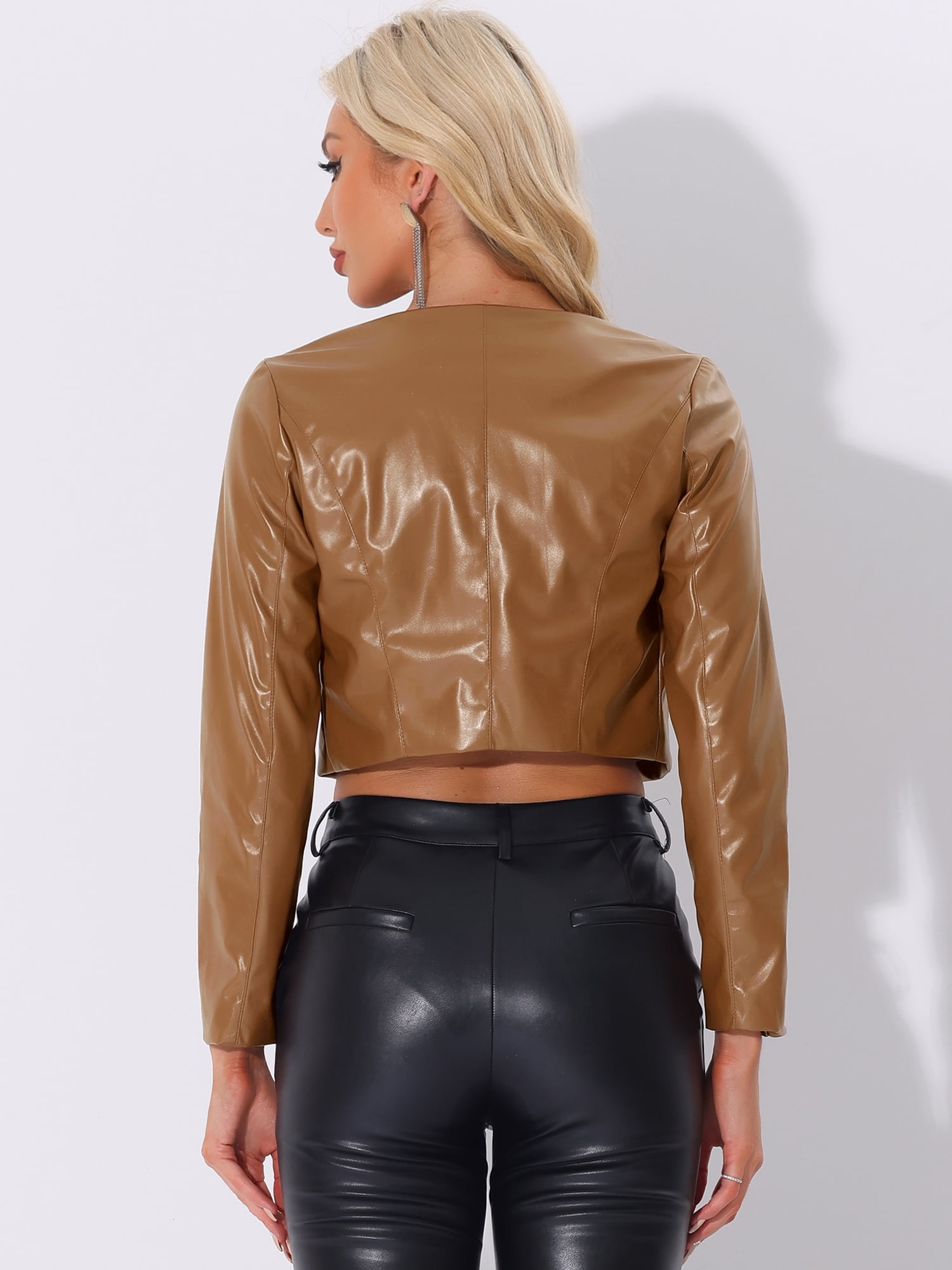 DARING DIVA Women's Faux Leather Jacket Short Coat Moto Biker Cropped XL Brown