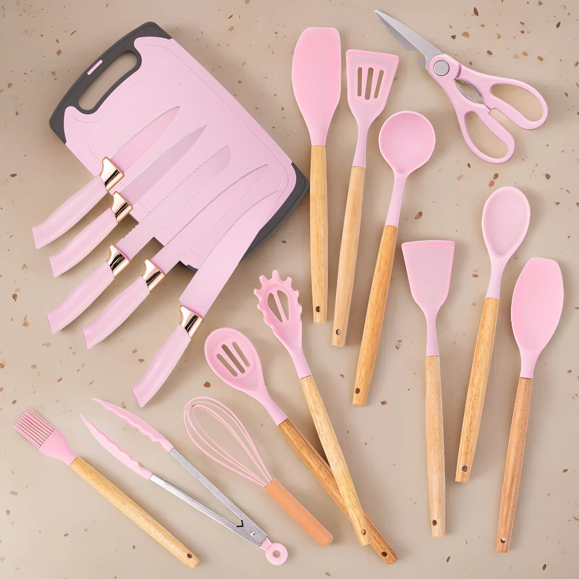 HEESEM 19-Piece Silicone Kitchen Utensil & Knife Set - Heat-Resistant Cooking Tools Non-Stick Safe Gift for Mom or Women Pink