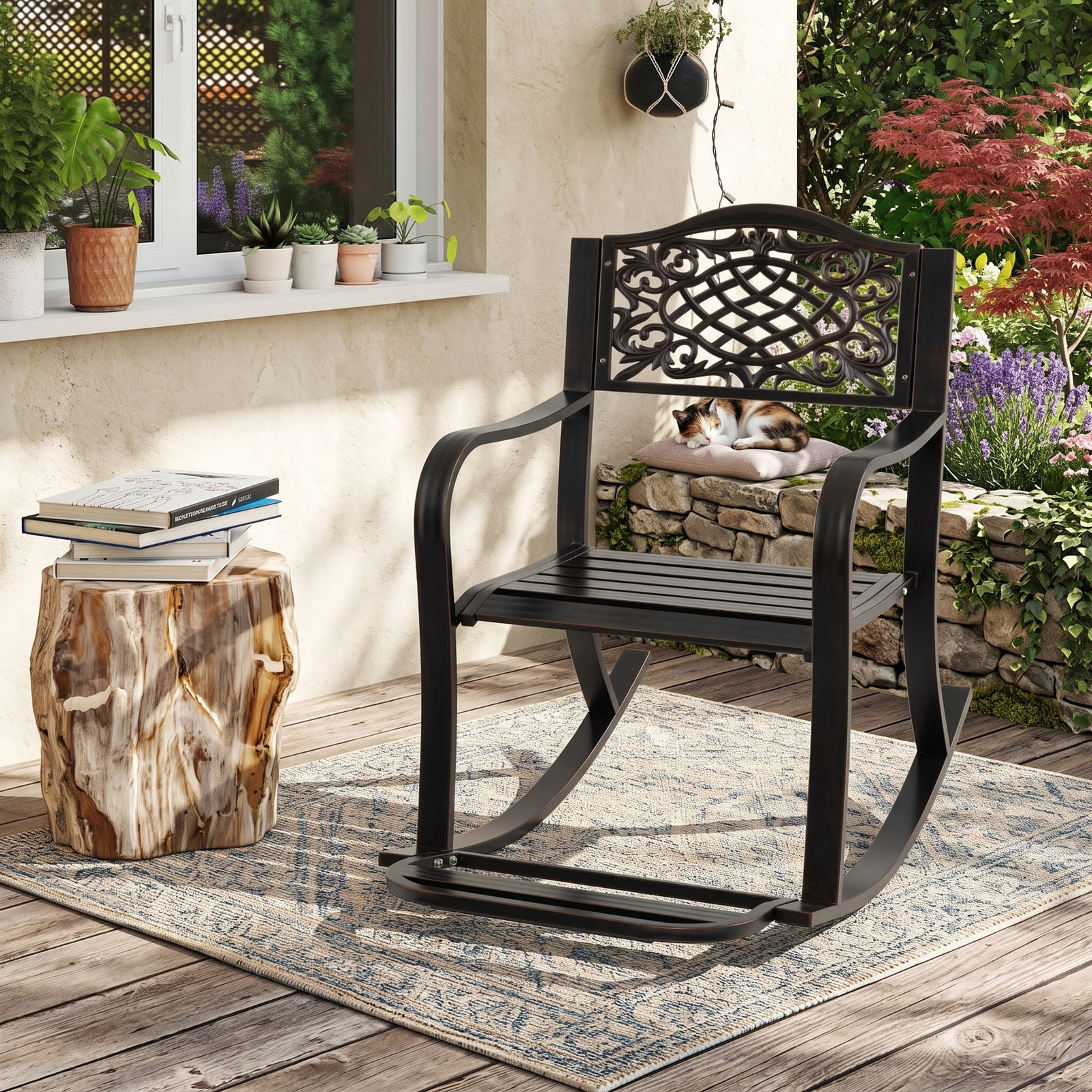 Furnibear Patio Rocking Chair with Cast Aluminum Frame, Floral Backrest and Curved Armrests for Backyard and Porch, Brown