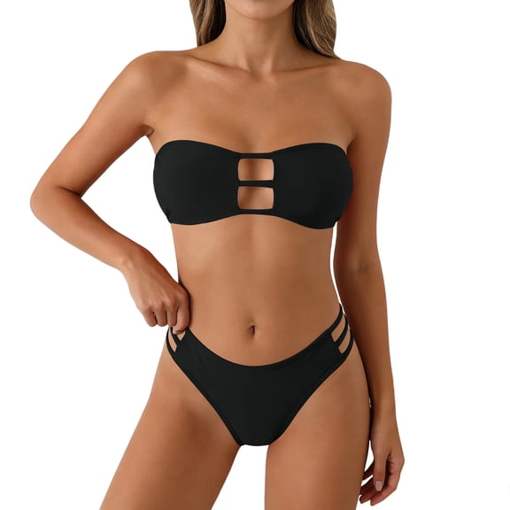 UTSJKR Women's 2026 Strapless Hollow Out Bandeau Bikini, Triangle Split Bathing Suit, Casual Summer Pool Beach Swimwear Black S