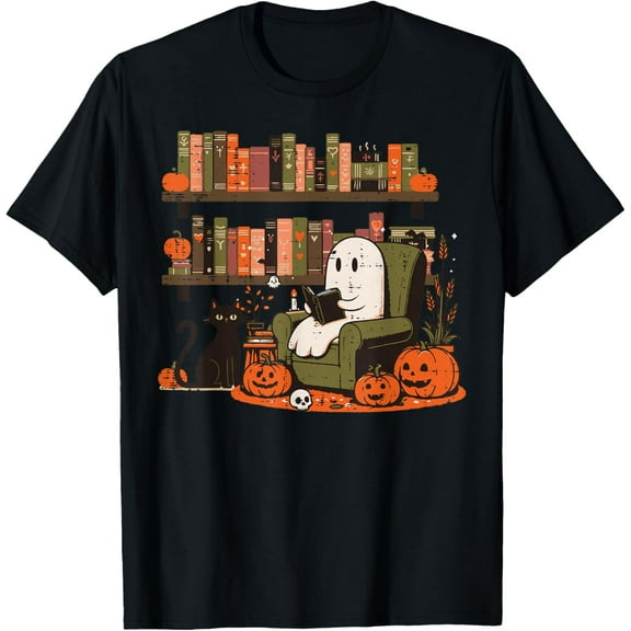 Ghost Library Reading Books Halloween Men Women T-Shirt Shirts