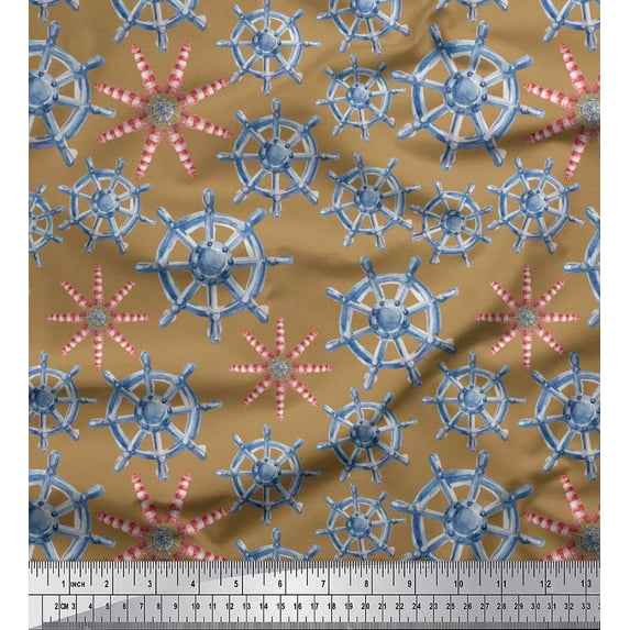 Soimoi Brown Cotton Jersey Fabric Lighthouse & Ship Wheel Nautical Print Fabric by the Yard 58 Inch Wide