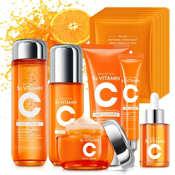 Set de cuidado de la piel con vitamina C para adolescentes y mujeres Kit de brillo de 11 piezas con limpiador facial Tónico Crema para ojos Loción de suero Crema facial y mascarillas en hojas Kit de c