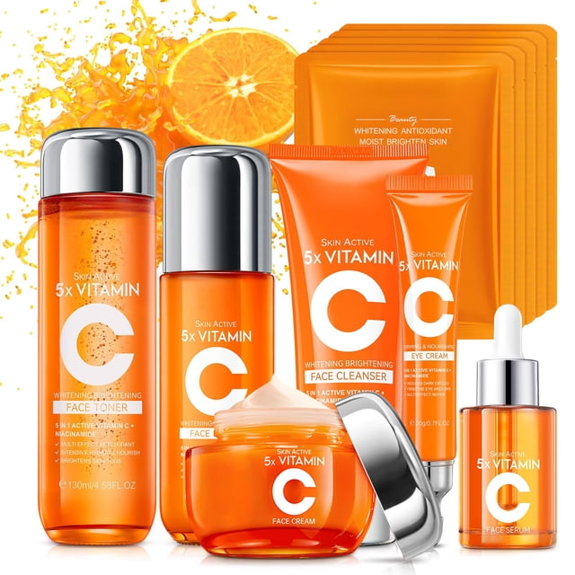 Set de cuidado de la piel con vitamina C para adolescentes y mujeres Kit de brillo de 11 piezas con limpiador facial Tónico Crema para ojos Loción de suero Crema facial y mascarillas en hojas Kit de c