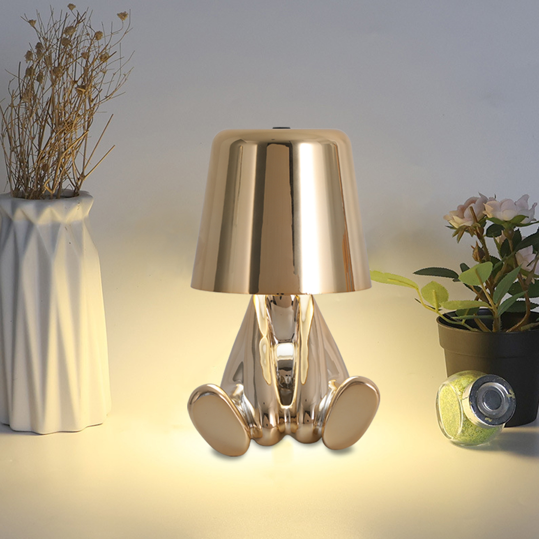 Elinkume Rechargeable Wireless Table Lamp, 9-Inch Tall Gold Bedside Lamp, 3 Color Dimmable
