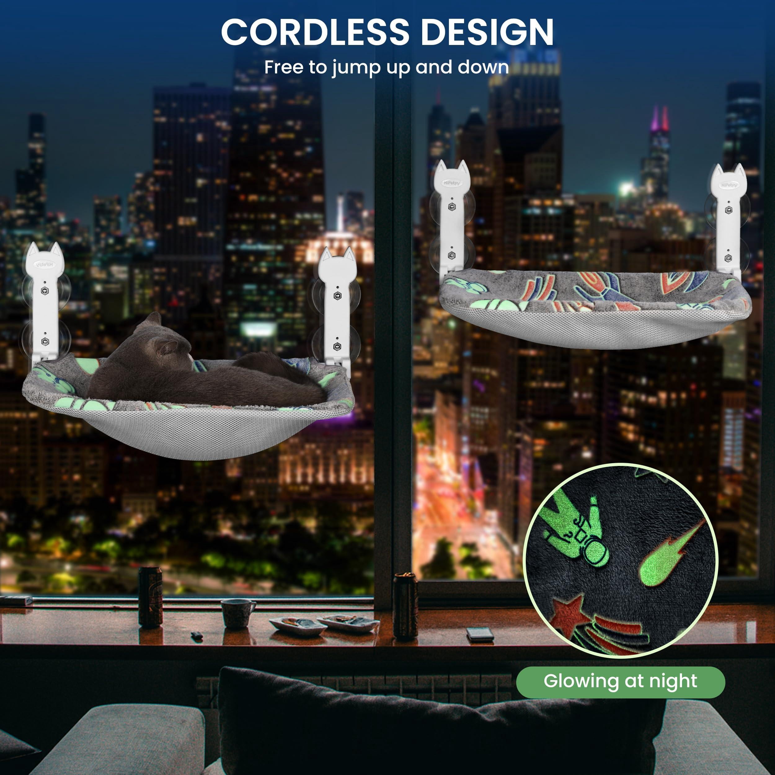 2 Pack Cat Window Perch  Glow In The Dark Foldable Hammock With Sunken Design & Removable Soft Cover Breathable Cordless Bed For Resting Indoor Kitten (shallow 2 - M)