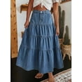 thumbnail image 4 of Womens Medium Wash High Waisted Tiered Denim Maxi Skirt Vintage A-Line Swing Jean Skirt With Pockets Casual Boho Style, 4 of 4
