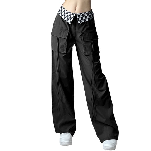 QAFOPEH Women Plaid Waist Pocket Drawstring Straight Solid Color Cargo Pants