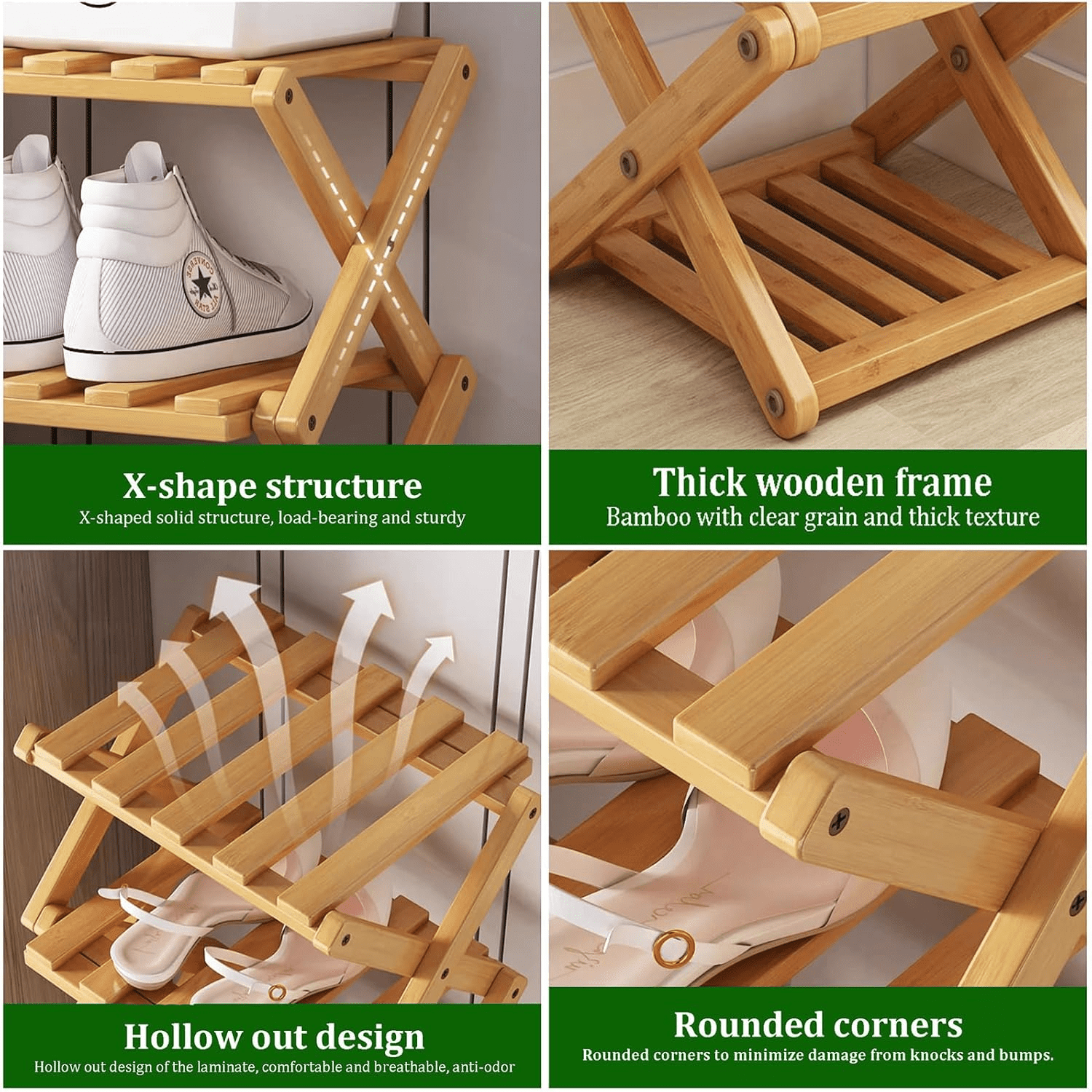 JUANYU Shoes Rack Organizer,Multi Tier Wooden Foldable Storage Rack for Home Shoe Storage with Durable Cross Structure,7-Tier,Natural