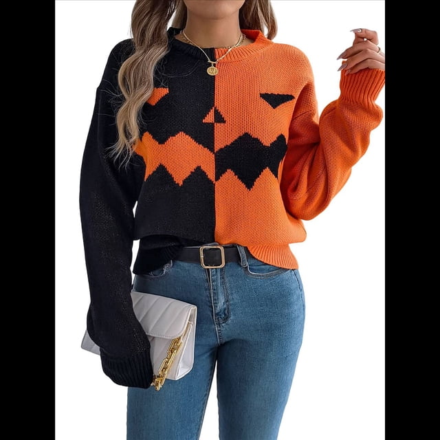 Suéteres de Halloween para Mujer, Divertidos Jerseys de Punto de Larga, Lindas Camisetas de Cuello Redondo con Fantasmas, Conjuntos de Otoño. Color Naranja M