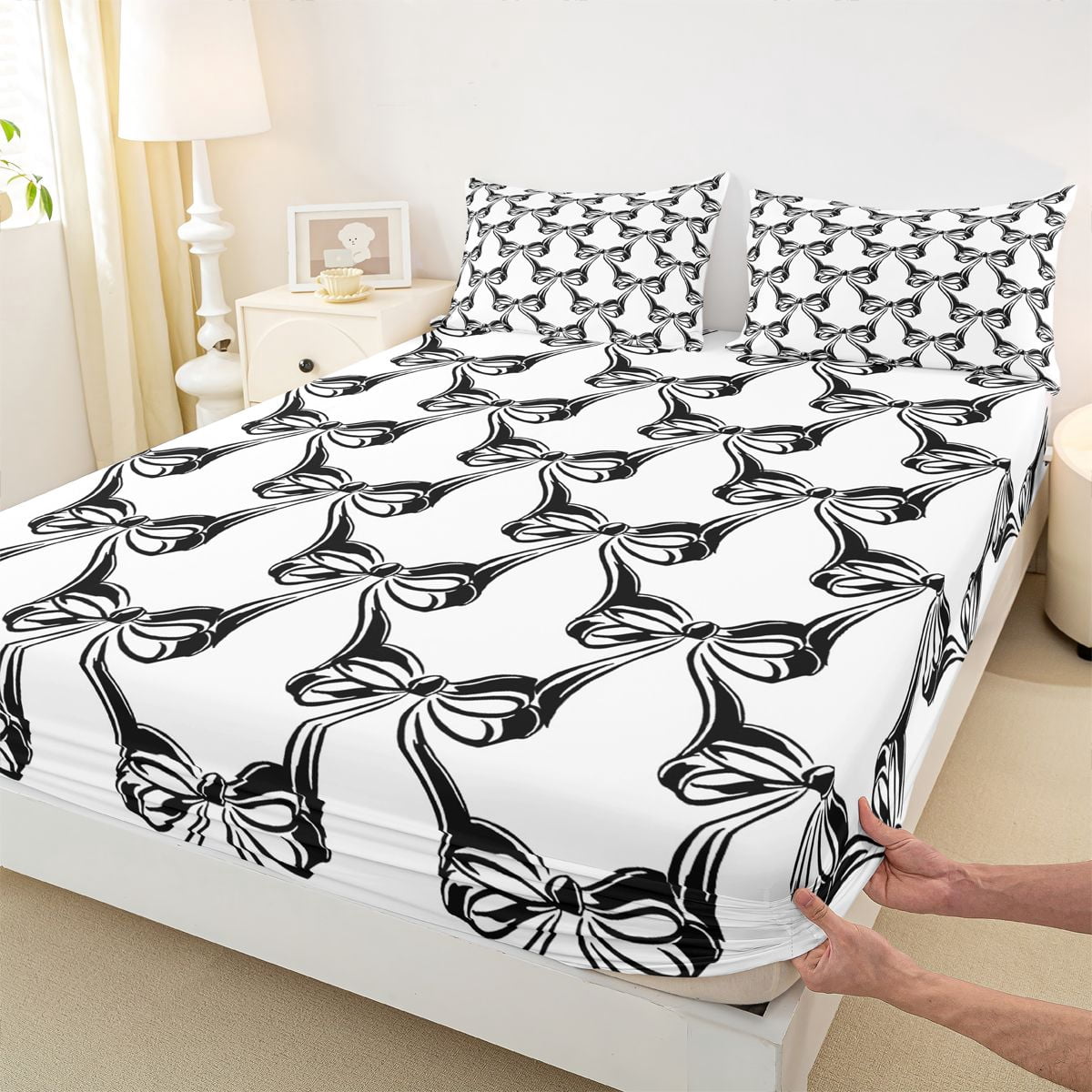 Homewish Black Bowknot Twin Sheet Sets,Cartoon Bowtie Print Twin Fitted Sheet,Bowtie Bow Ribbon 03 For Girls,Microfiber Bedroom Decor,3 Pieces