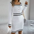 thumbnail image 4 of Ediodpoh Women Autumn Winter Knitted Block Striped Long Sleeve Midi Dress Sweater Dress with Square Neck Buttons White S, 4 of 5
