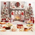 thumbnail image 4 of White Christmas Fireplace Photo Backdrop Winter Xmas Tree Stockings Gifts Background Kids Holiday Party Banner Portrait Photobooth Party Banner Decorations Photo Studio Props 10X8FT, 4 of 5
