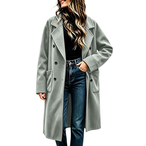 uublik Womens Trench Coat Gray Long Sleeve Elegant Classic Overcoat Fall Winter Clothing