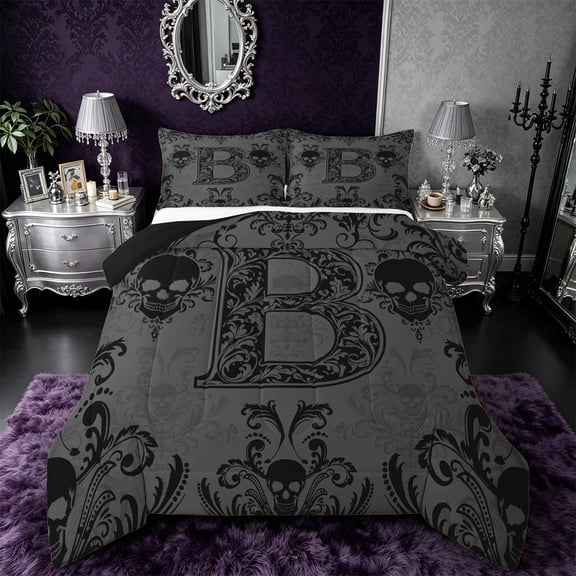Castle Fairy Gothic Skull Letter B Full Size Comforter Sets 3 Pieces for Men,Vintage Floral Damask Bedding Sets,Black Reversible