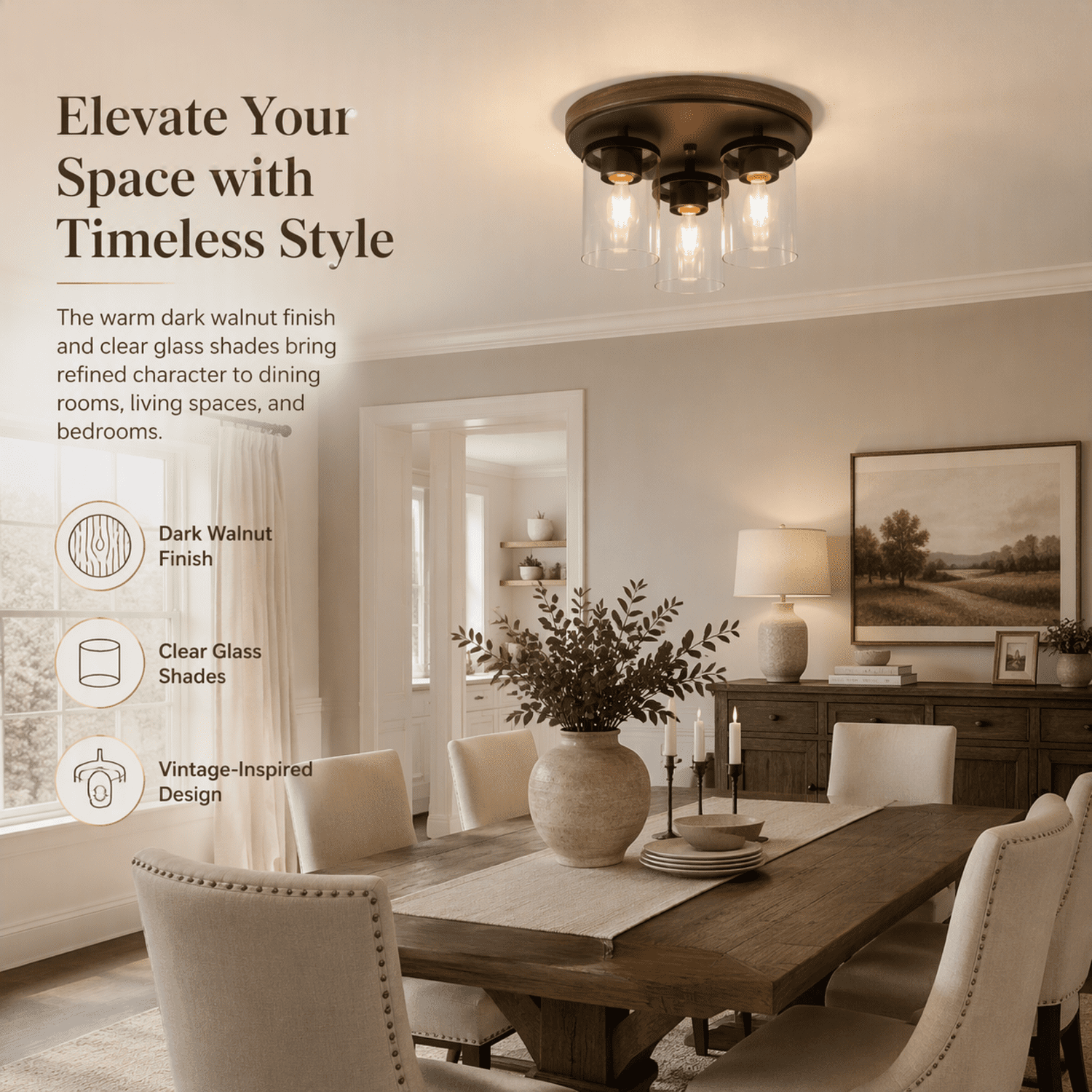 Better Homes & Gardens 12 in. Farmhouse 3-Light Walnut Flush Mount Ceiling Light with Clear Glass Shades
