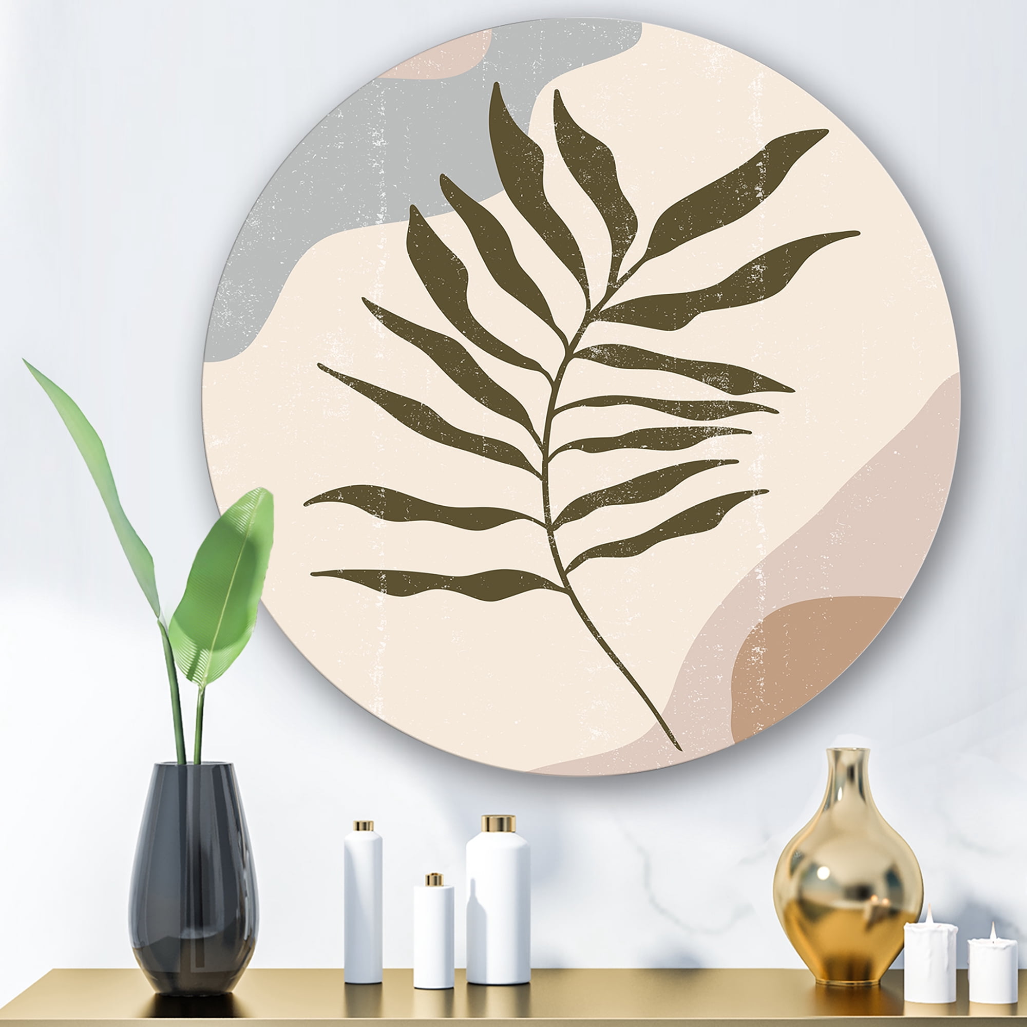 Designart 'Abstract Botanical Minimalist Leaf In Earth Tones I' Modern Circle Metal Wall Art 11x11 - Disc of 11