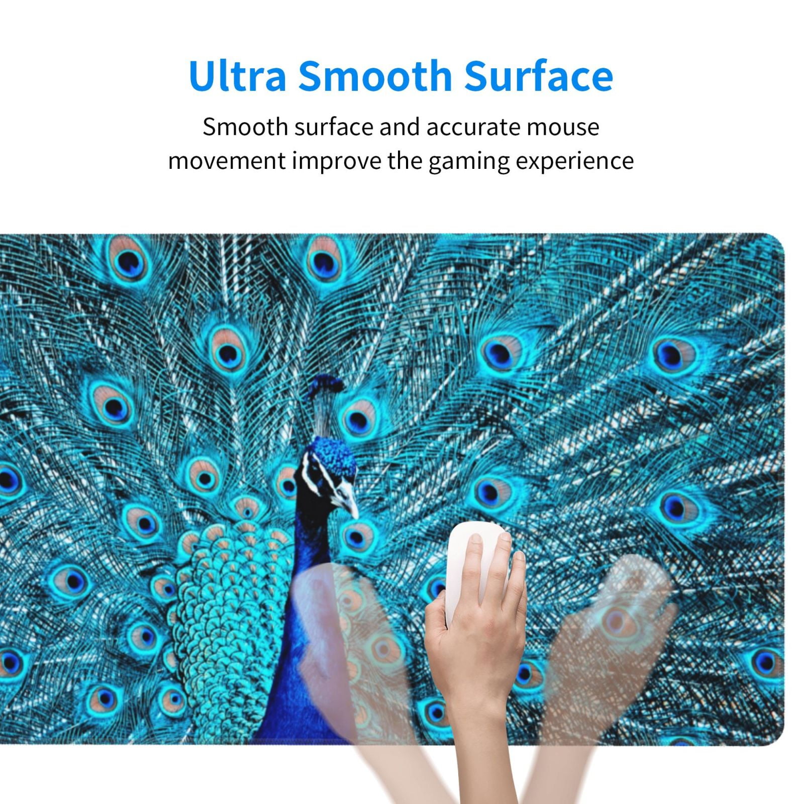 Naloa Beautiful Blue Peacock Gaming Mouse Pad Large Mouse Mat Long Extended Desk Pad Non-Slip Rubber Mice Pads Stitched Edges Thin Pad (16x29.5 Inch)