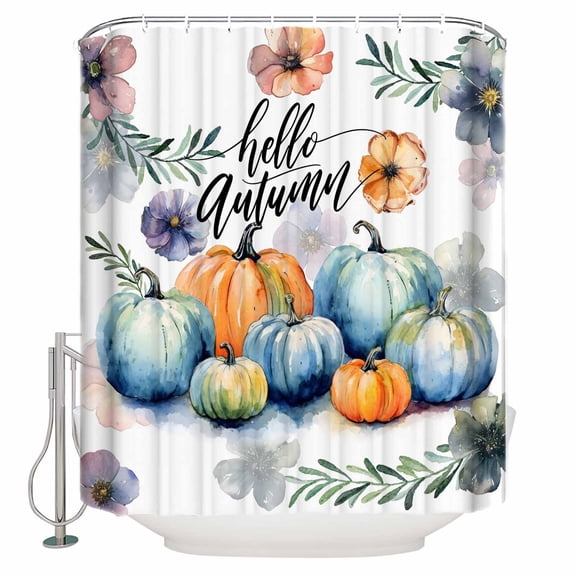 Fabric Shower Curtain Fall Hello Autumn Thanksgiving Pumpkins Harvest Plants Shower Curtains with 12 Hooks Waterproof Machine Washable Bath Curtains for Bathroom, 48x 72in