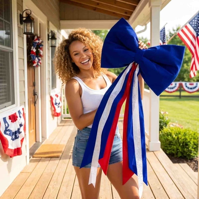 Ke1Clo Large Patriotic Bow Door Hanging, Oversized Polyester Butterfly Knot with Secure Attachment, Independence Day Home Decor for Front Porch Entryway Party