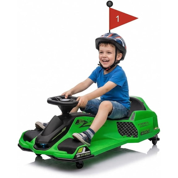 12V Electric Drifting Go Kart, 45W Brushless Motor, 5 MPH, 5 Wheels, LED Lights, Music, Low Power Alert, for Ages 8-12, 110 lbs Capacity,Green