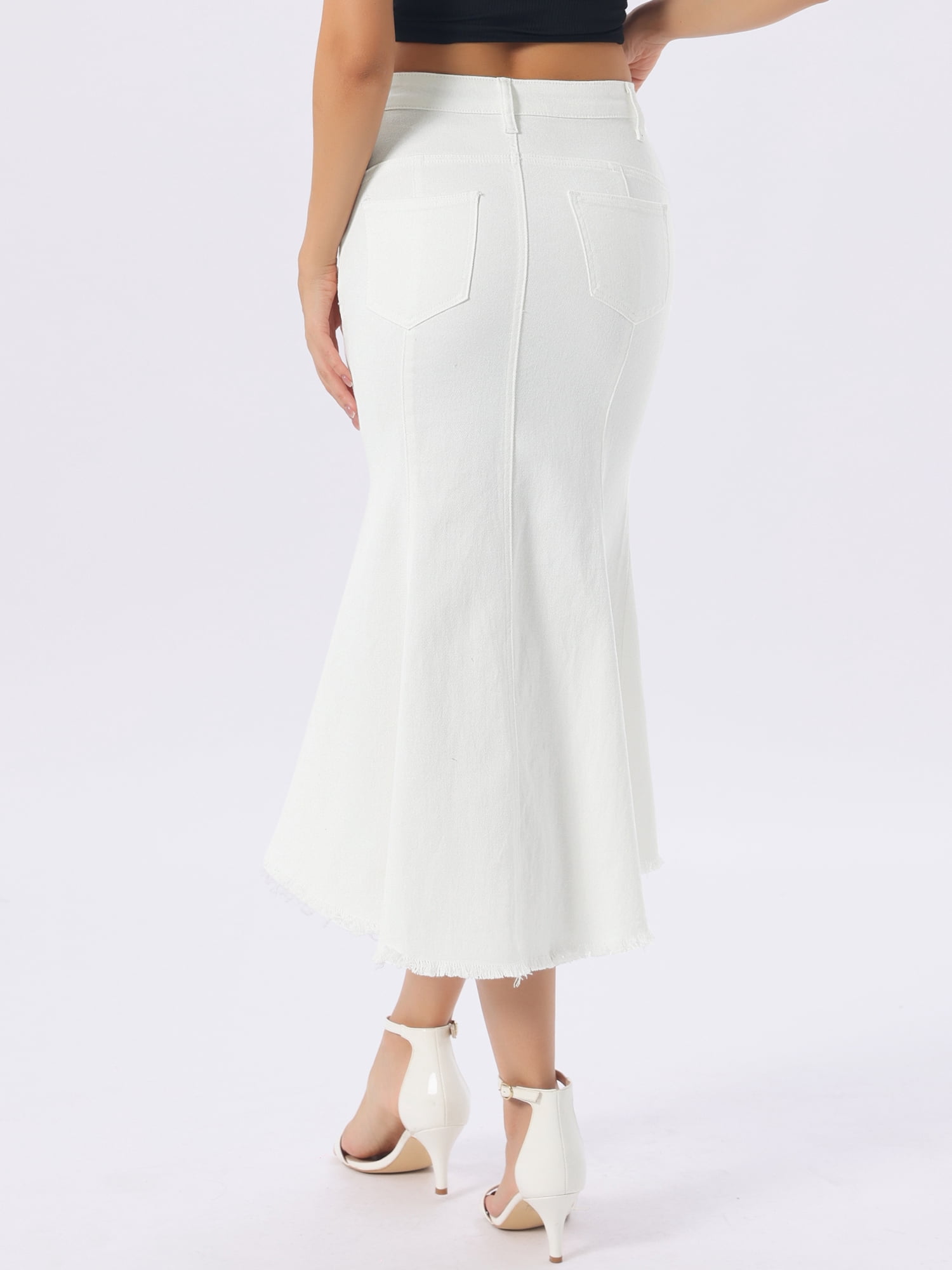 DARING DIVA Women's Raw Hem Fishtail Midi Skirt with Pockets Large White