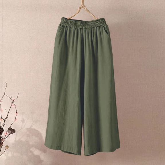 Womens Capri Pants Gaucho Wide Leg Linen High Waisted Cotton Beach Palazzo Pants with Pockets Green XL