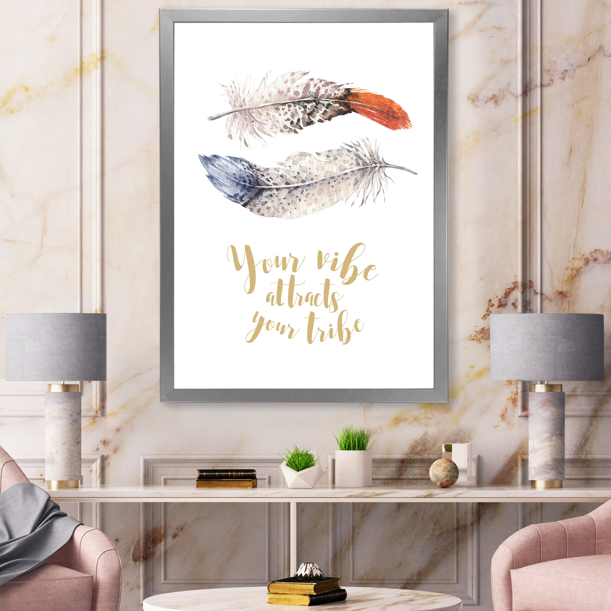 Designart 'Your VIbe Attracts Your Tribe Two Feathers ' Bohemian & Eclectic Framed Art Print
