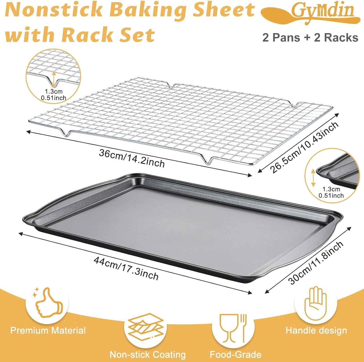 Baking Sheet with Cooling Racks - 17'' x 11" 0.5" Carbon Steel Cookie Sheets for [2 + 2 Racks], Nonstick Pans, Perfect Baking, Roasting, and More