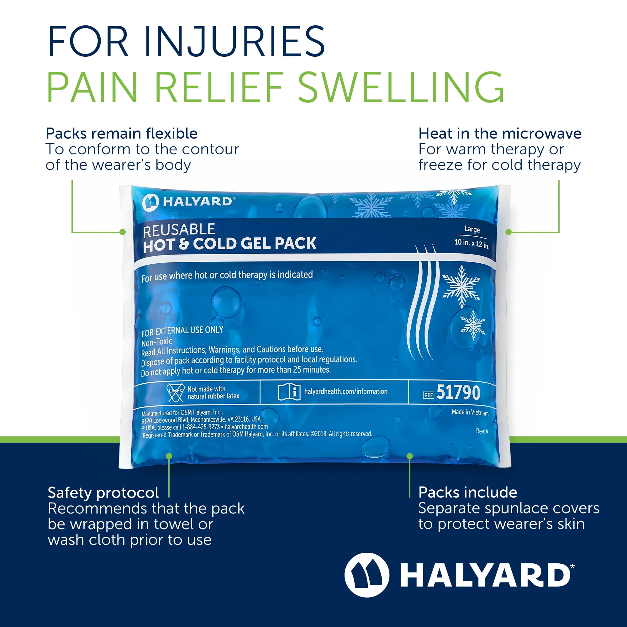 HALYARD Reusable Hot and Cold Gel Compression Packs for Injuries Pain Relief Swelling 10 x 12 Inches, Case of 12 - 51790