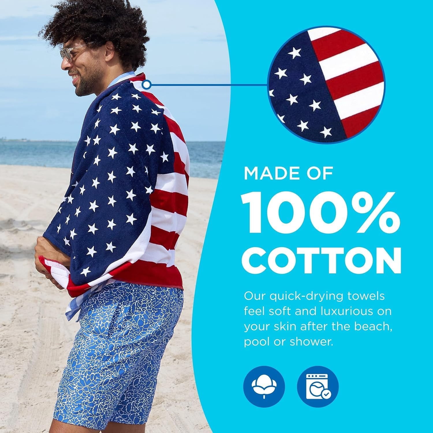 Kaufman $100 Bill and 4th of July American Flag Printed Beach Towel Set - 2 Towels 30" x 60