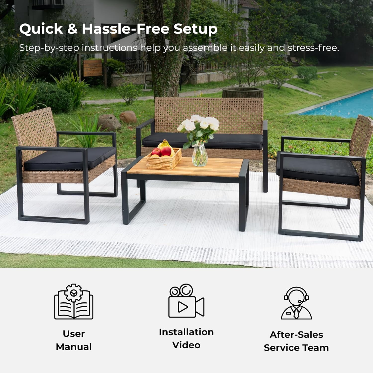 Howcool 4-Piece Outdoor Patio Furniture Set with Loveseat & 2 Chairs, Acacia Wood Coffee Table, All-Weather Rattan Conversation Set for Balcony Backyard (Black and Light Brown)