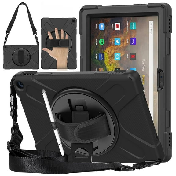 Dteck for Amazon Fire HD 10 Tablet Case 13th/11th Generation 2023/2021, Hybrid Shockproof Rugged Drop Protective Kindle Fire HD 10 Kids Case with Rotating Stand Handle Hand Strap Shoulder Strap,Black