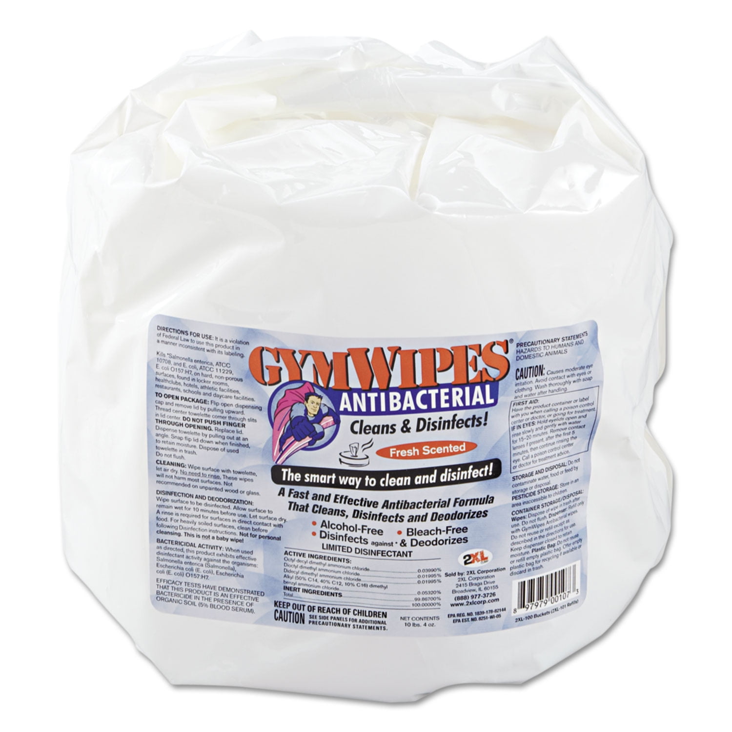 2Xl Antibacterial Gym Wipes Refill 6 x 8 Fresh 700 Wipes/Pack 4 Packs/Carton L101