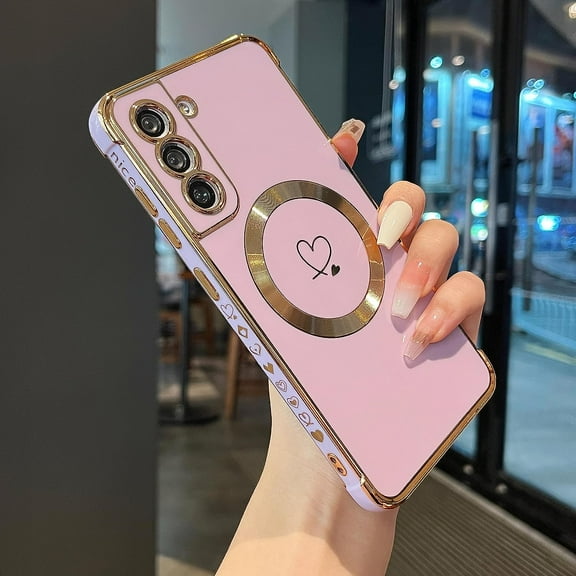 Magnetic Case for Samsung Galaxy S21 FE 5G Case[Compatible with MagSafe] Cute Plating Love Hearts Pattern Case,Soft Shockproof TPU Bumper Protective Cover for Women Girls,Light Purple