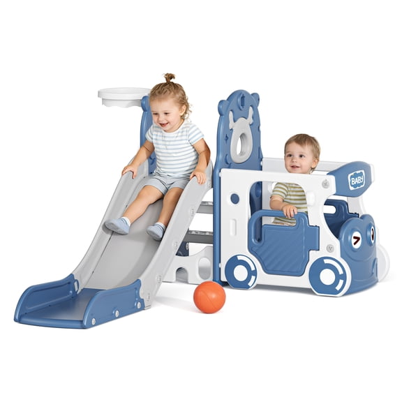 KORIMEFA 6-IN-1 Toddler Slide Set for kids Age 1-4, Bus-Themed Climber Indoor Outdoor Playset with Slide, Basketball Hoop,  Climber, Wheel
