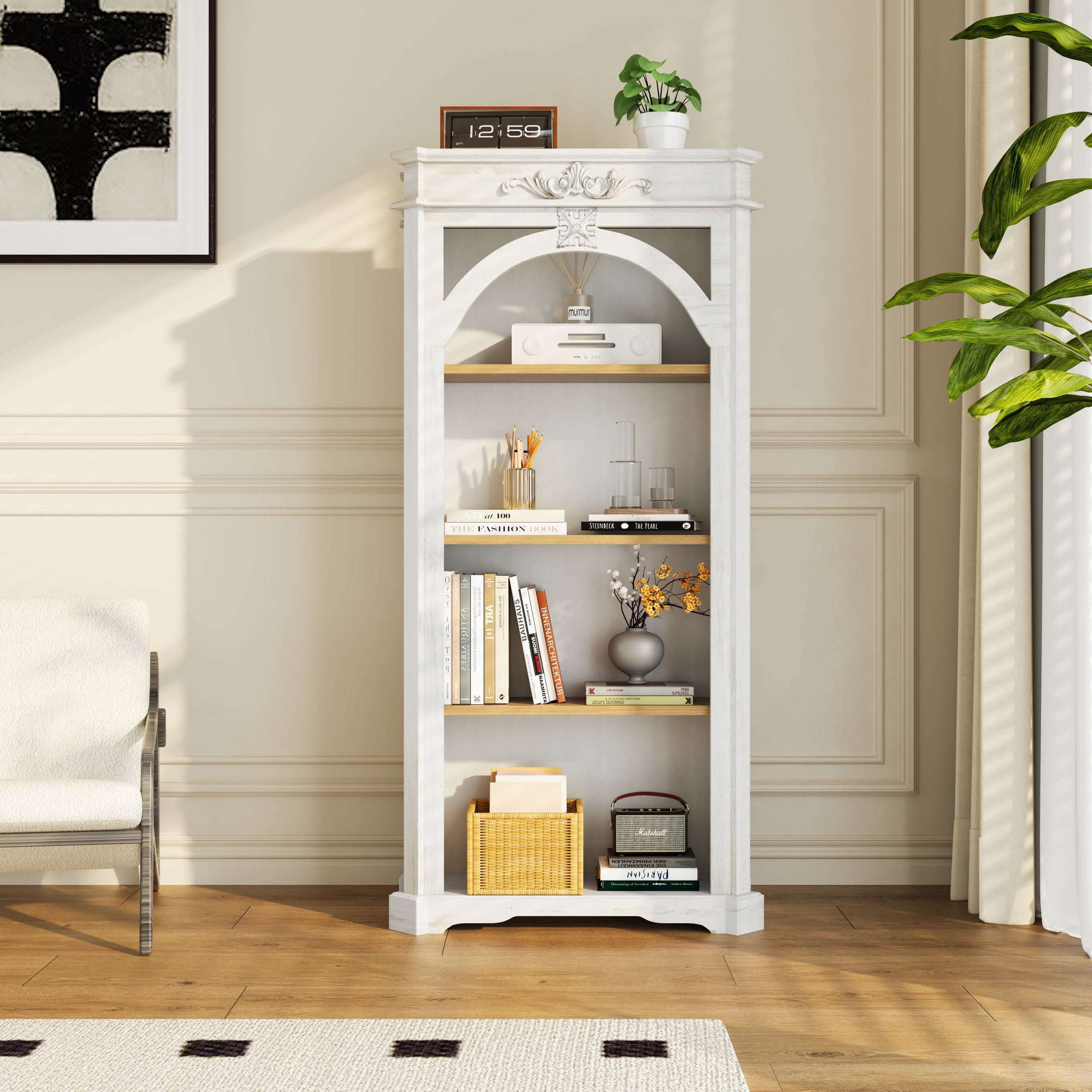 Noble House 65" Antique 4-Tier Bookcase, Tall Open Display Shelf for Home Office, Living Room, White