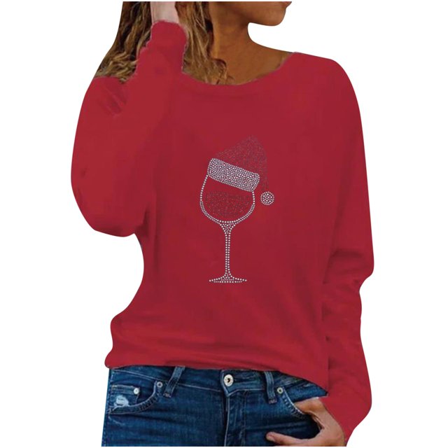 Tops de Otoño Para Mujer Tops Con Estampado de Navidad Moda Casual Rhinestone Blusa de Manga Larga Blusas de Cuello Redondo Camisas Odeerbi ODB180557
