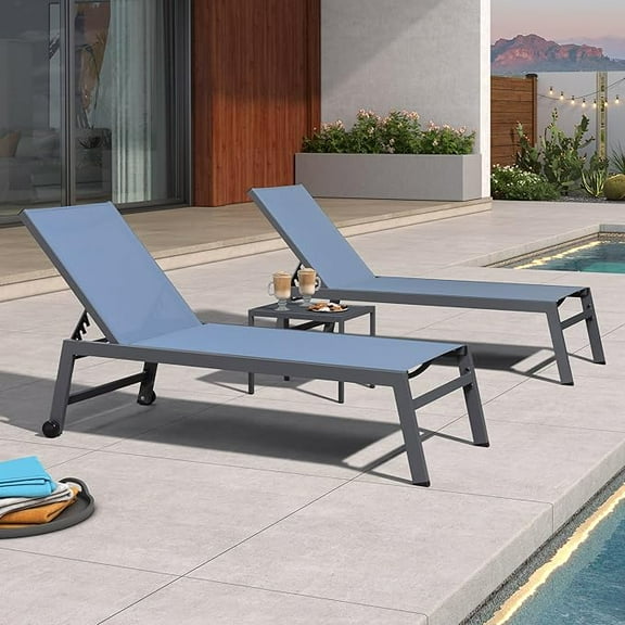 PURPLE LEAF Oversize Outdoor Chaise Lounge Set of 3， Dark Grey Aluminum Lounge Adjustable Chairs with Wheels and Table for Patio Deck Pool Yard,Indigo