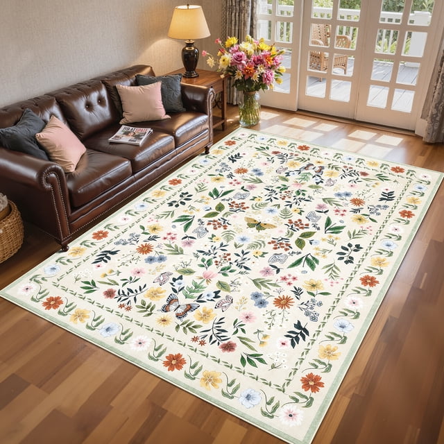 Garvee 9'x12' Area Rug Washable Floral Rug, Vintage Distressed Soft Carpet with Non Slip Backing for Living Room Bedroom Home Office, Beige
